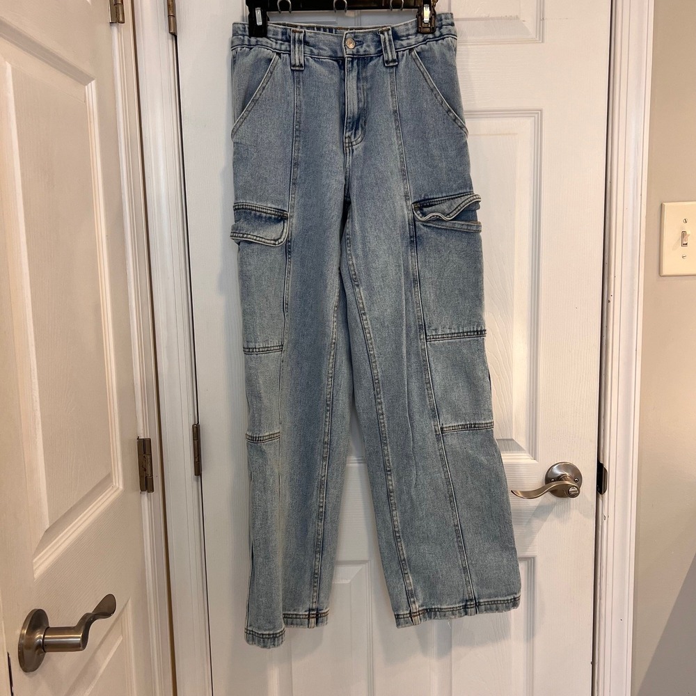PacSun Light Wash Wide Leg Denim Cargo Pants Light‎ Blue Utility Jeans